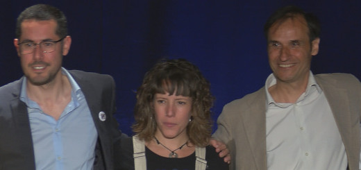 Els caps de llista Xavier Ponsdomènech (ERC), Núria Freixas (CUP) i Josep M. Juhé (CEC) en el debat electoral de RCTV