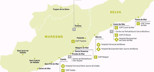 Mapa de poblacions de la zona denominada Selva Marítima, adscrita a la Regió Sanitària de Girona (Font: CSMS)