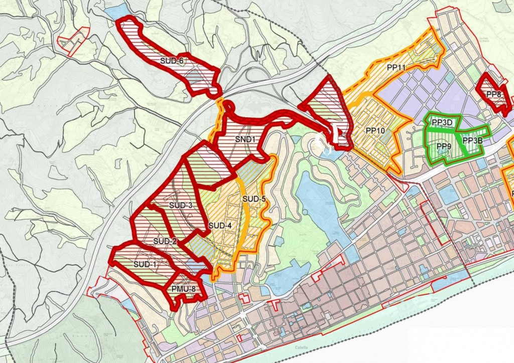 Fitxa del Pla director d'Urbanisme. Els sectors del POUM de Calella en revisió (àmbar) i on s'ha decretat la suspensió de llicències (vermell). Font: Departament de Territori i Sostenibilitat.