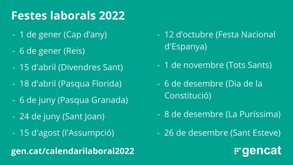 Calendari de festius del 2022 a Catalunya publicat al DOGC