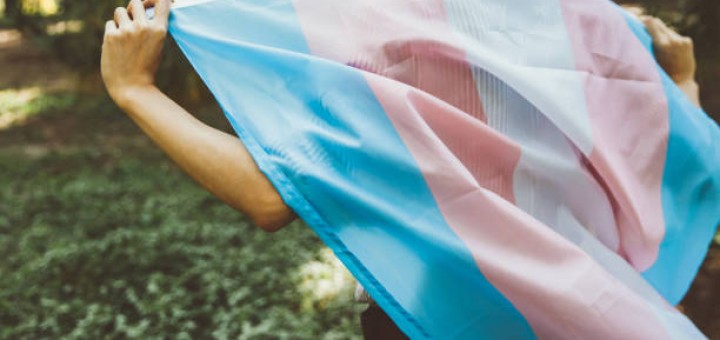 closeup of a transgender pride flag waving on the blue sky, moved by the wind